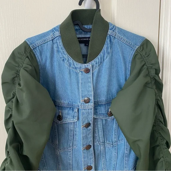$498 NWOT Veronica Beard Emelia Denim Paneled Ruched Sleeves Bomber Jacket sz S